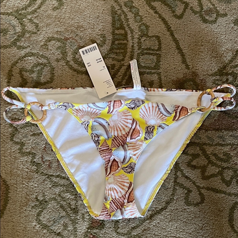 Out from under Seashell Print Bikini Bottom with Ring Accents